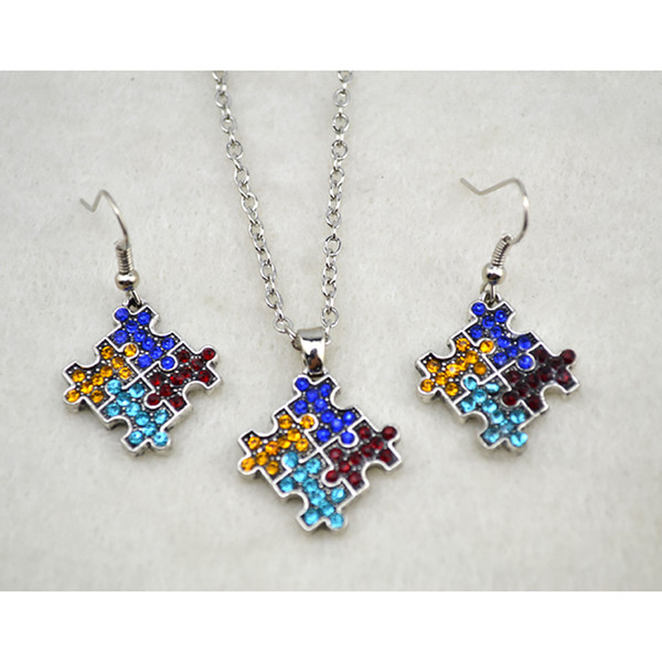 Puzzle Pendant Necklace Earring Set Charm With Sparkling Crystals rhodium plated Multi-Colored Necklace Earring Set Jewelry