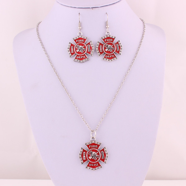 Red Enamel Firefighter Cross Charm Crystal Fire Dept Religious Pendant Necklace Earring Jewelry Set Trade Assurance Service