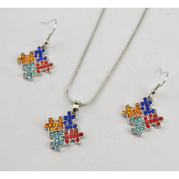 Fashion Rhodium Plated Zinc Studded With Sparkling Crystals Autism Awareness Puzzle Style charm pendant Necklace Earring set