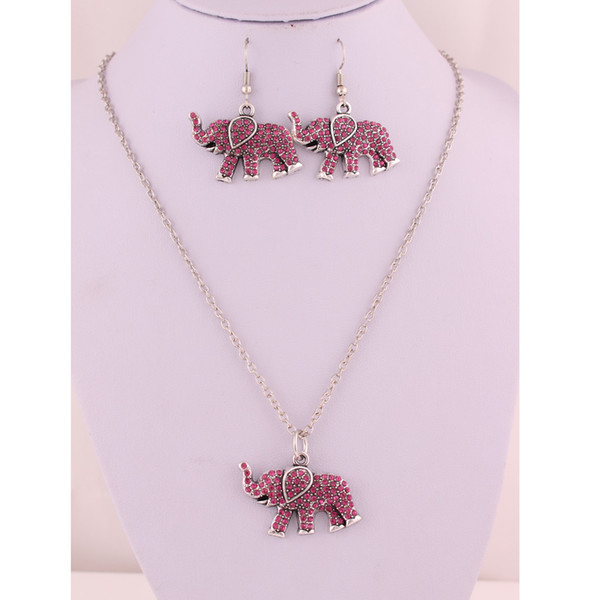 Woman Jewelry Set Attractive Pink Crystals Animal Elephant Pattern Pendant Earrings Necklace Set Material Zinc Alloy Trade Assurance