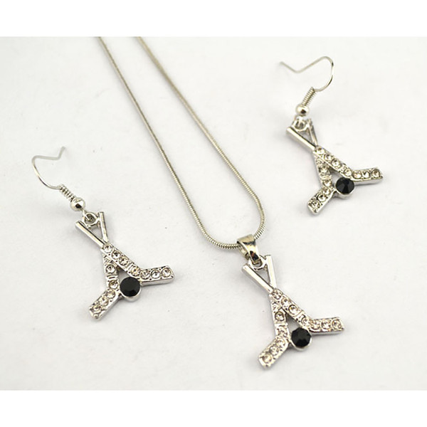 Hockey Sport Necklace Earring Set Sticks And Puck Crystal Hockey Charm Movement Pendant Women Jewelry Accessories Holiday Gift