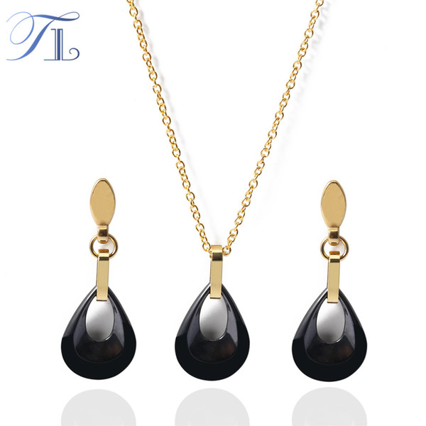 TL Golden Waterdrop Ceramic Jewelry Set For Women Black&White Necklace&Earrings Cute Noble Stainless Steel Wedding Jewelry Sets