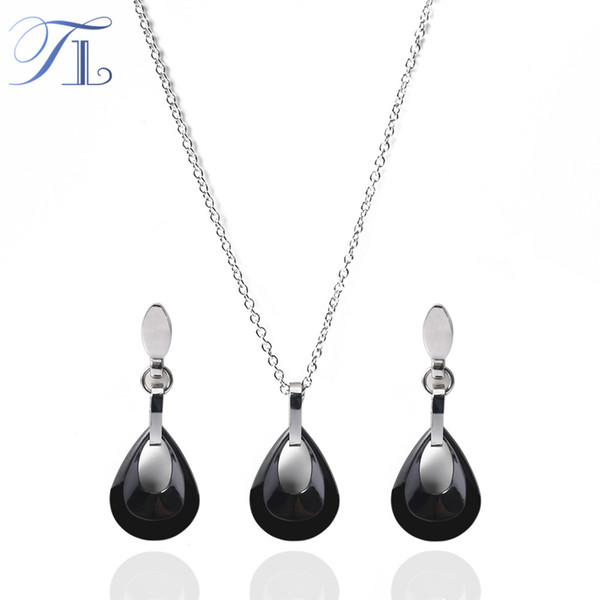 TL Silver Waterdrop Ceramic Jewelry Set For Women Black&White Necklace&Earrings Cute Noble Wedding Stainless Steel Jewelry Sets