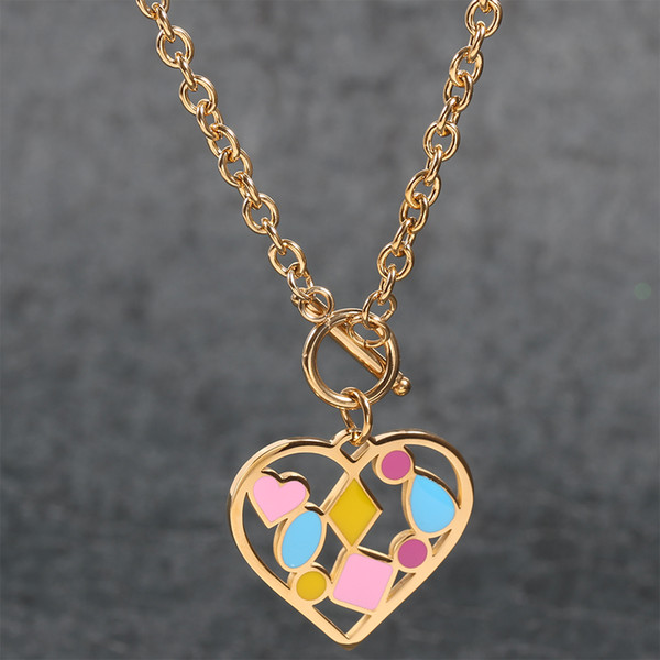 TL Gold Link Chain Stainless Steel Jewelry Set Crystal Stone Colorful Heart Shaped Pendant Necklace Stud Earring For Women Party