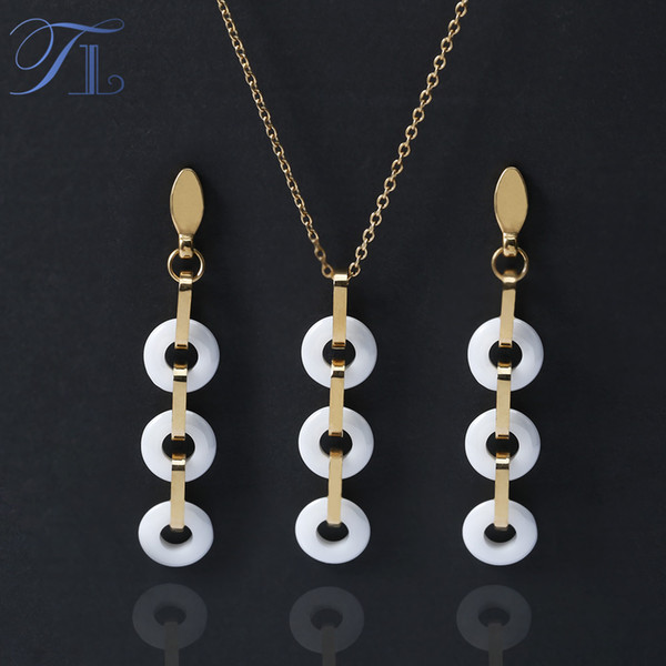 TL Golden Ceramic Jewelry Set For Women Black&White Necklace & Earrings Cute Noble Delicate Stainless Steel Wedding Jewelry Set