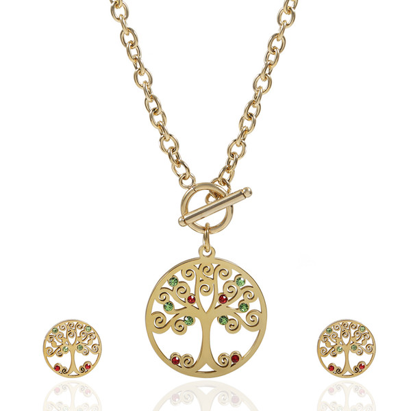 TL Love Brand Gold Filled Stainless Steel Jewelry Set Colorful Stone Life Tree Pendant Necklace Stud Earring For Women Party