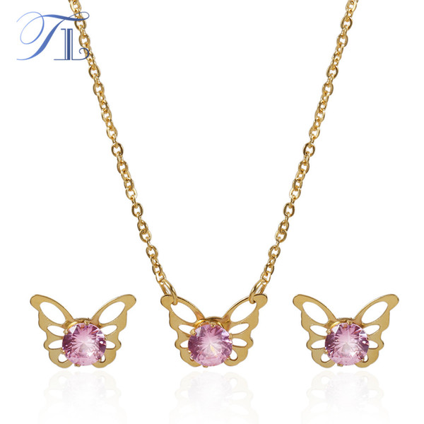 TL Butterfly Stainless Steel Jewelry Sets Pink Zircon Necklace Earrings African Dubai Jewelry Sets Joyas Acero Inoxidable Mujer