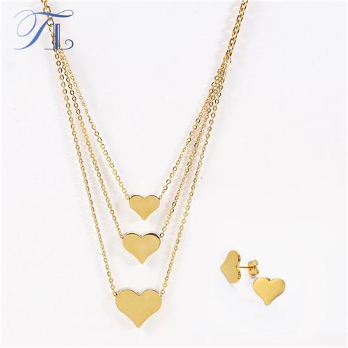 TL Golden Heart Stainless Steel Jewelry Sets Solid Gold Color Triple Hearts Bridal Jewelry Sets Party Love Necklaces & Earrings