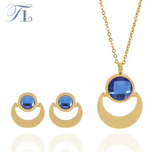 TL Stainless Steel Jewelry Sets For Women Golden Half Moon Hollow Round Deep Blue Glass Smiling Face New Fashion Jewelry Sets