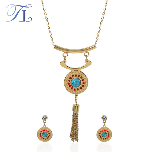 TL Fashion Stainless Steel Bride Wedding Jewelry Set Collares Maxi Vintage Statement Necklace Gold Indian jewelry Set For Women