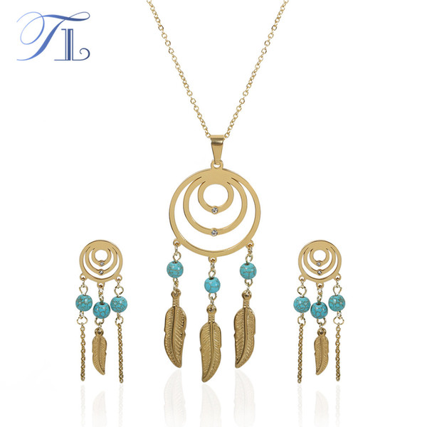 TL Fashion Stainless Steel Golden Color Vintage Jewelry Set boho&Leaf Hollow Earrings Pendant Necklace Design Fine boho Jewelry