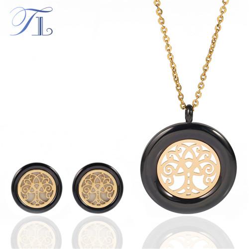 TL Stainless Steel Divination Tree Jewelry Sets Black Color Plated Golden Hollow Divination Tree Round Jewelry Sets For Women