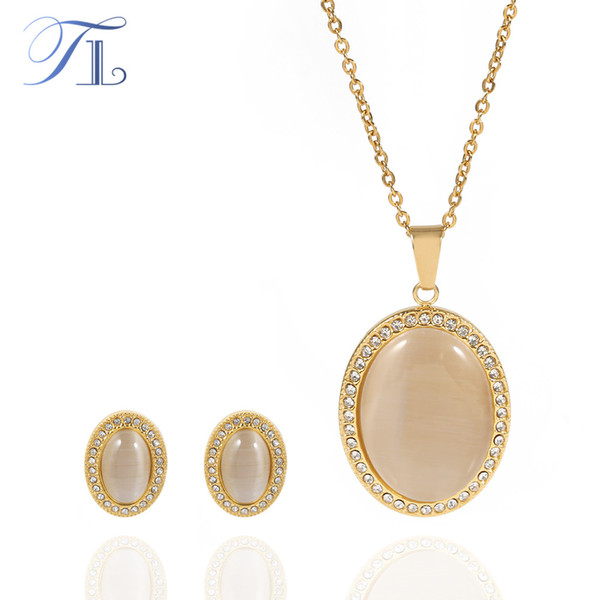 TL Brown Cat Eye Golden Jewelry Set For Women Stainless Steel Made Oval Zircon Surface New Jewelry Set Anniversary Jewelry Sets