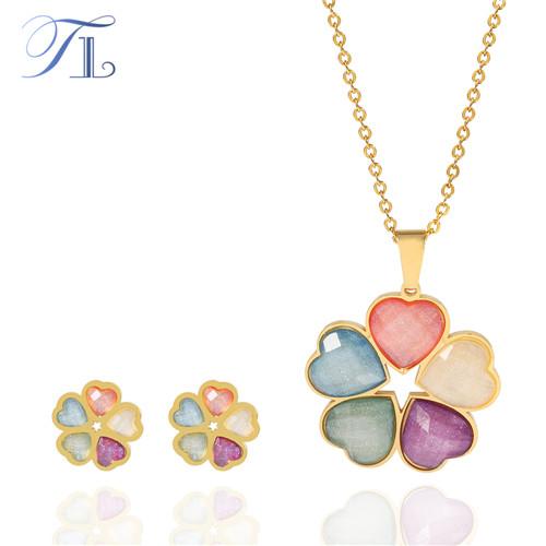 TL Rainbow Heart Five Leaves Grass Jewelry Sets For Women Lovely Colorful Jewelry Sets Stainless Steel Made Party Jewelry Sets