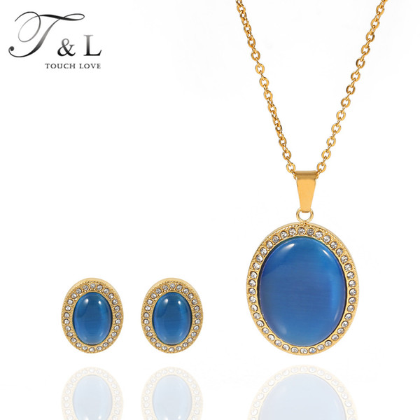 A&N Blue Cat Eye Golden Jewelry Set For Women Stainless Steel Made Oval Zircon Surface Shiny Jewelry Set Anniversary Jewelry Set