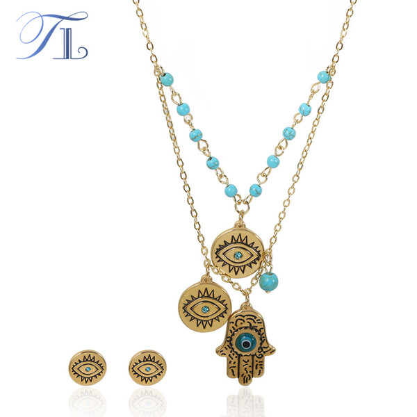 TL Vintage Stainless Steel Turkish Jewelry Sets Hamsa Hand Fatima Blue Evil Eye Religion Choke Necklace Stud Earrings For Women