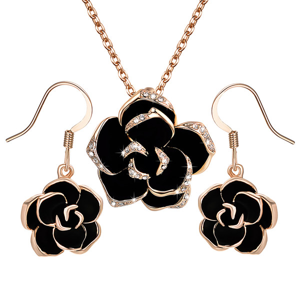 Yoursfs Black Rose Flower Pendant Necklace Rose GP Costume Fashion Jewelry Sets Women Valentines Day