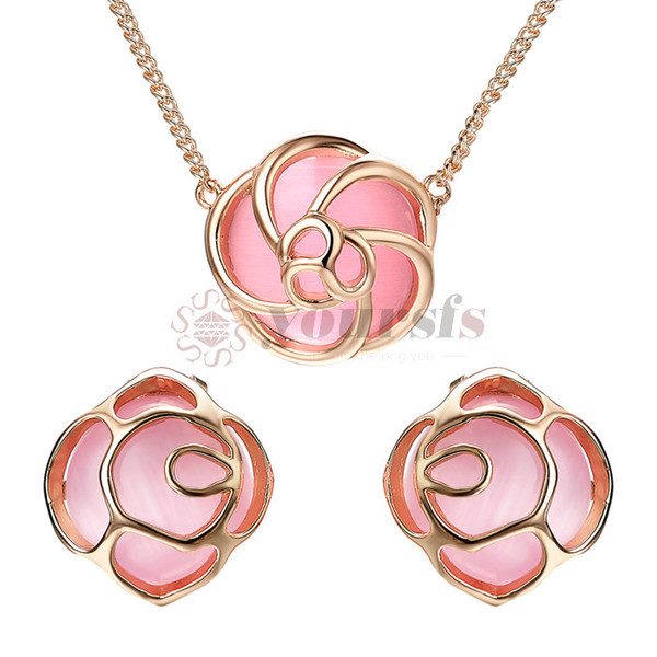 Yoursfs Jewelry Sets for Women Gold Plated Black Rose Pendant Necklace & Hook Earrings Cocktail Set (Pink Opal Rose Clip on Earrings&Necklac