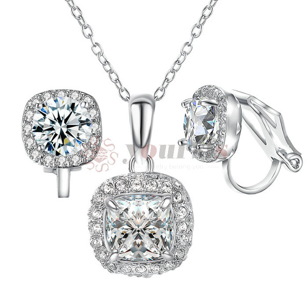 Yoursfs Bridesmaid Jewelry Sets White Cubic Zirconia Square Halo Necklace&Clip Earrings Bridal Wedding Jewelry for Women