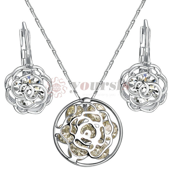 Yoursfs Flower Jewelry Set Clear Austrian Crystals Rose Earrings &Pendant Necklace for Wedding Bridemaids