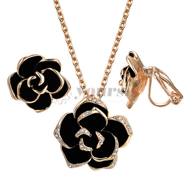 Yoursfs Jewelry Sets for Women Gold Plated Black Rose Pendant Necklace & Hook Earrings Cocktail Set