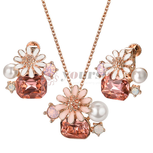 Yoursfs Daisy Jewelry Set Blush Pink Square Crystal Simulated Pearl Enamal Flower Screw Back Clip Earrings Necklace