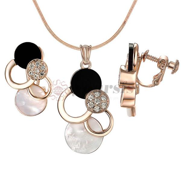 Yoursfs White and Black Shell Jewelry Set 18k Rose GP Round Mouse Shape Earrrings&Necklace