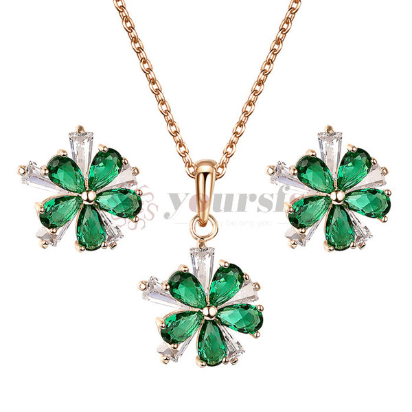 Yoursfs Green Flower Jewelry Set 5 Petal Clear Crystal Flower Pendant Necklace Earrings Wedding Party Jewelry Set