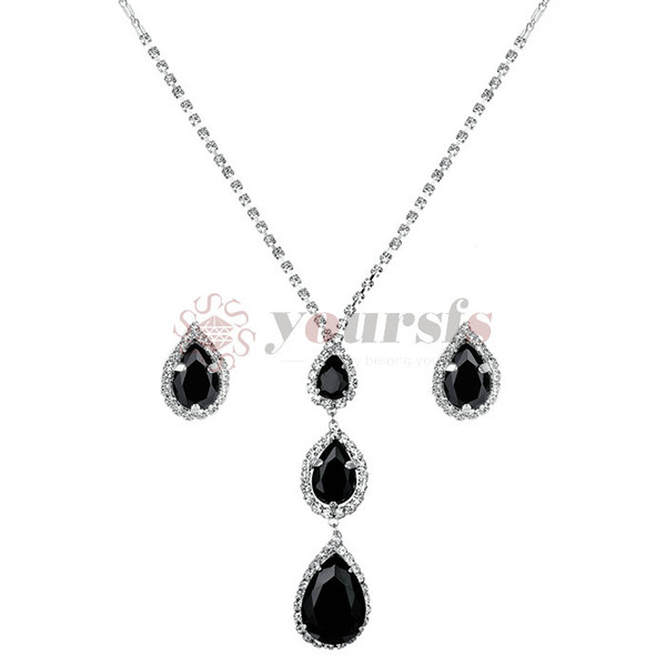 Yoursfs Wedding Jewelry Set Black Teardrop Halo Bridal Pendant Necklace Stud Earrings Set