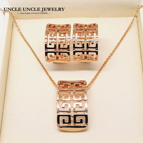 Rose Gold Color Classic Retro Rome Design Hollow Out Woman Fashion Jewelry Set Necklace/Earrings Wholesale