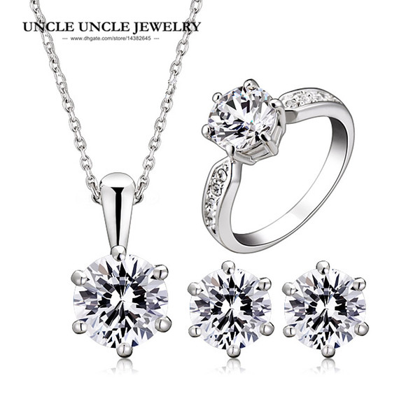 Classic White Gold Color Hearts and Arrows Clear Cubic Zirconia Inlay Woman Engagement Jewelry Set Wholesale Prefect Gift