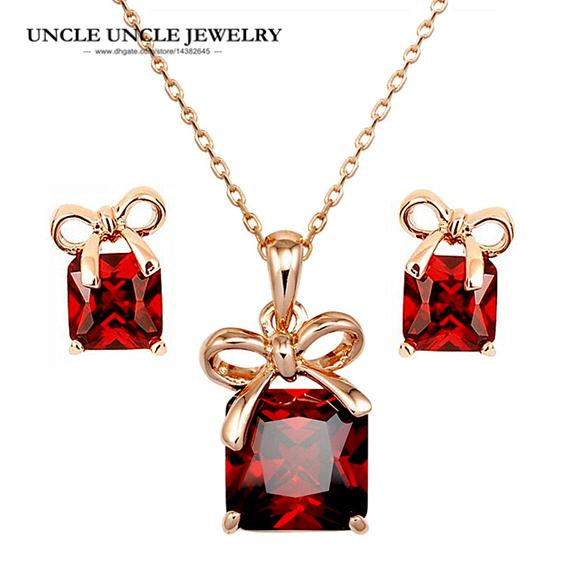 Rose Gold Color Red Square Cubic Zirconia Sweet Bowknot Style Woman Jewelry Set Earring/Necklace Wholesale Christmas Gifts