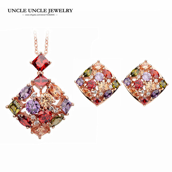 Luxury Multicolor Jewelry Set Rose Gold Color Cubic Zirconia Square Woman Sets Earring/Necklace Wholesale Gift