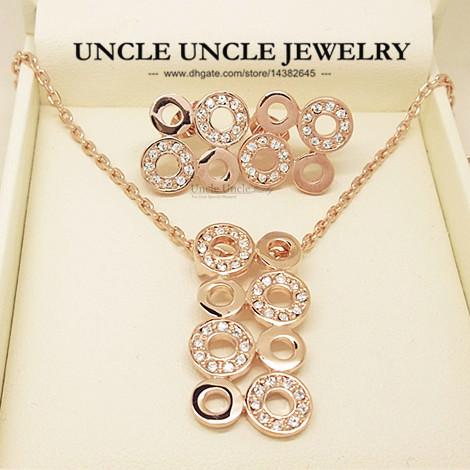 Beautiful Rose Gold Color Classic Circles Element Rhinestones Setting Lady Jewelry Set Earrings/Necklace Wholesale