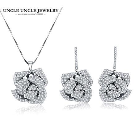 White Gold Color Fashion Flower Style Clear Zirconia Fully Setting Luxury Woman Jewelry Sets Earrings/Necklace Gift