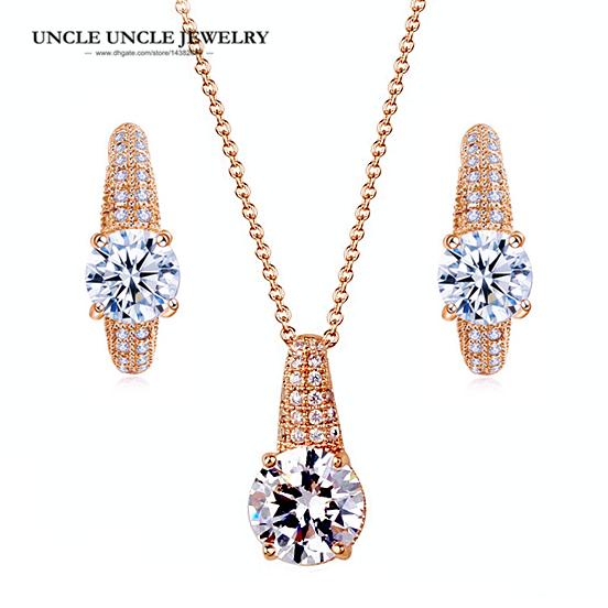 Rose Gold Color Sparkly Zirconia Rhinestone Fully Inlaid Water Drop Luxury Woman Wedding Jewelry Set Necklace/Earrings Wholesale Gift