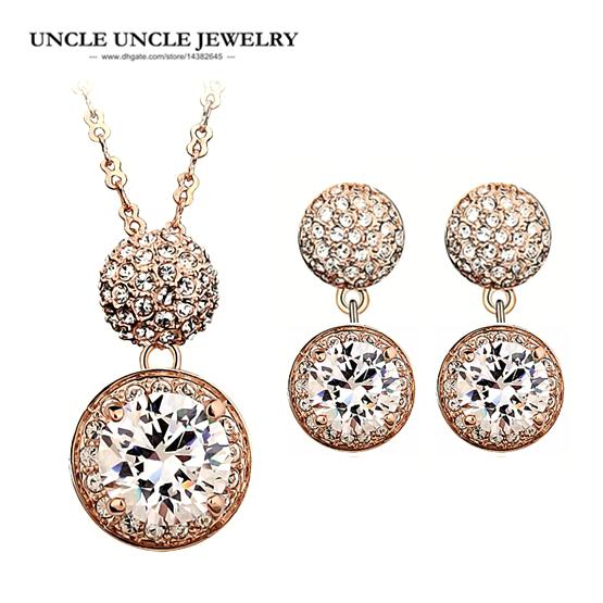 High Quality Rose Gold Color Sparkly Clear Round Zirconia Fully Setting Luxury Jewelry Set Necklace/Earrings Wholesale Gifts