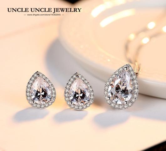 White Gold Color Fashion Water Drop Design Clear Cubic Zirconia Woman Jewelry Set Necklace/Earring Wholesale Christmas Gifts