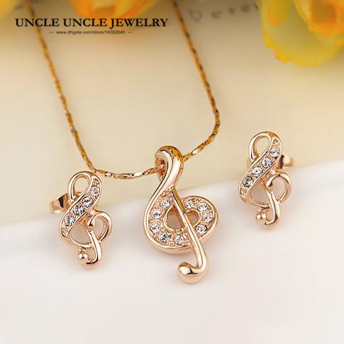 Office Lady Favorite Rose Gold Color Rhinestone Musical Note Element Jewelry Set Earrings/Necklace Wholesale