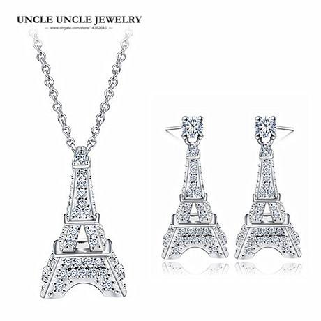 The Eiffel Tower Design Jewelry Set White Gold Color Zirconia Inlay Woman Sets Necklace/Earring Wholesale Fashion Gift