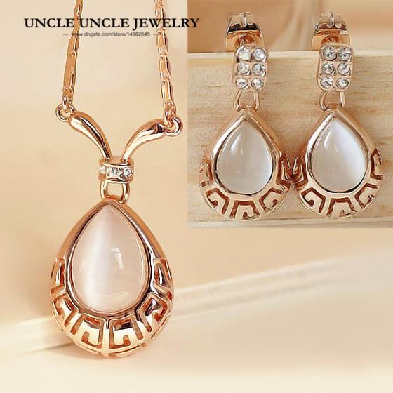 Rose Gold Color High Quality Opal Rome Retro Design Water Drop Lady Necklace Jewelry Set Necklace/Earrings Wholesale