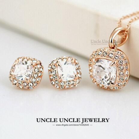 Classic Jewelry Sets Rose Gold Color Princess Cut Square Zirconia Wedding Lady Jewelry Set Necklace/Earring Wholesale 18krgp