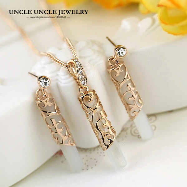 Rose Gold Color Opal Rhinestone Inlaid Hollow Out Totem Design Lady Jewelry Sets Earrings/Necklace Wholesale Gifts