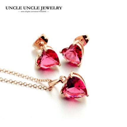 Sweet Rose Gold Color Light Red Zirconia Setting Heart-shape Style Simple Lady Pendant Jewelry Set Necklace/Earring Wholesale