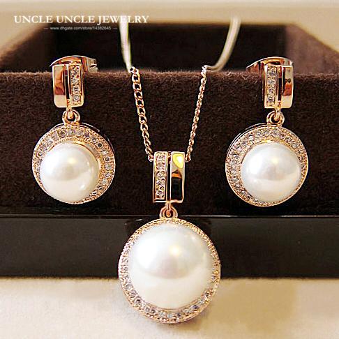 Rose Gold Color Shell Round Simulated Pearl Element Rhinestones Micro Setting Luxury Lady Jewelry Set Necklace/Earring Wholesale