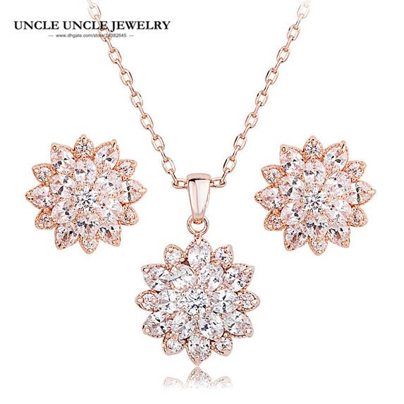 Rose Gold Color Clear Cubic Zirconia Setting Crystal Flower Design Fashion Woman Jewelry Set Earring/Necklace Wholesale Gift