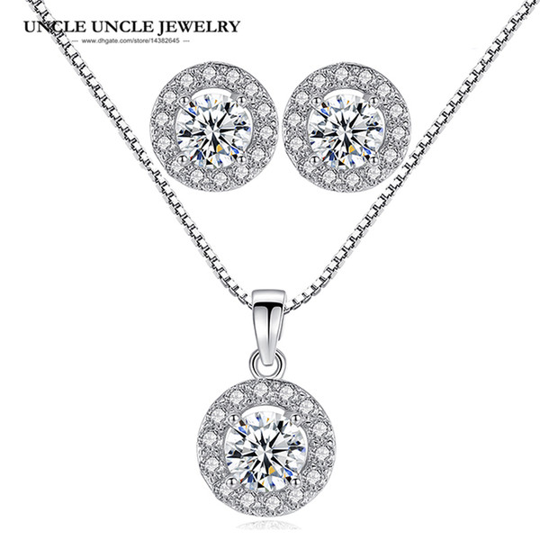 Classic White Gold Color Hearts & Arrows Cut Clear Round Cubic Zirconia Jewelry Set Necklace/Earring Fashion Christmas Gifts