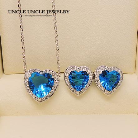 White Gold Color Heart-shape Design Light Blue Zirconia Setting Fashion Crystal Woman Jewelry Set Earring/Necklace Wholesale