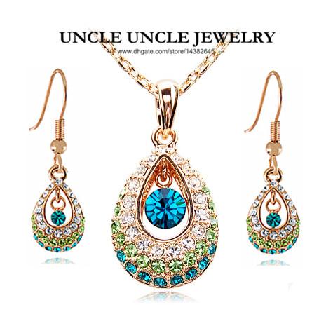 Rose Gold Color Geraniums Princess Design Green Water Drop Austrian Crystal Lady Jewelry Sets Earrings/Necklace Wholesale