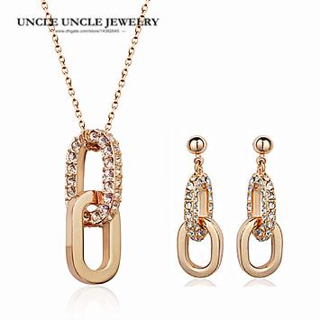 Rose Gold Color Rhinestone Crystal Grometric Element Fashion Woman Jewelry Set Necklace/Earrings Christmas Gift